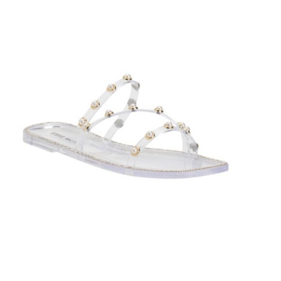 Steve Madden Womens NEW Pearl Embellishment Studded Square Toe Flat Sandals 10 - Picture 1 of 8